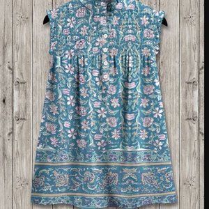 Blue & Dusty Pink Floral Leaf Smocked-Yoke Sleeveless Top